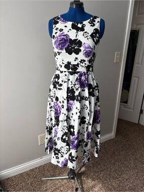 Sleeveless White Midi Dress with Black & Purple Floral Print
